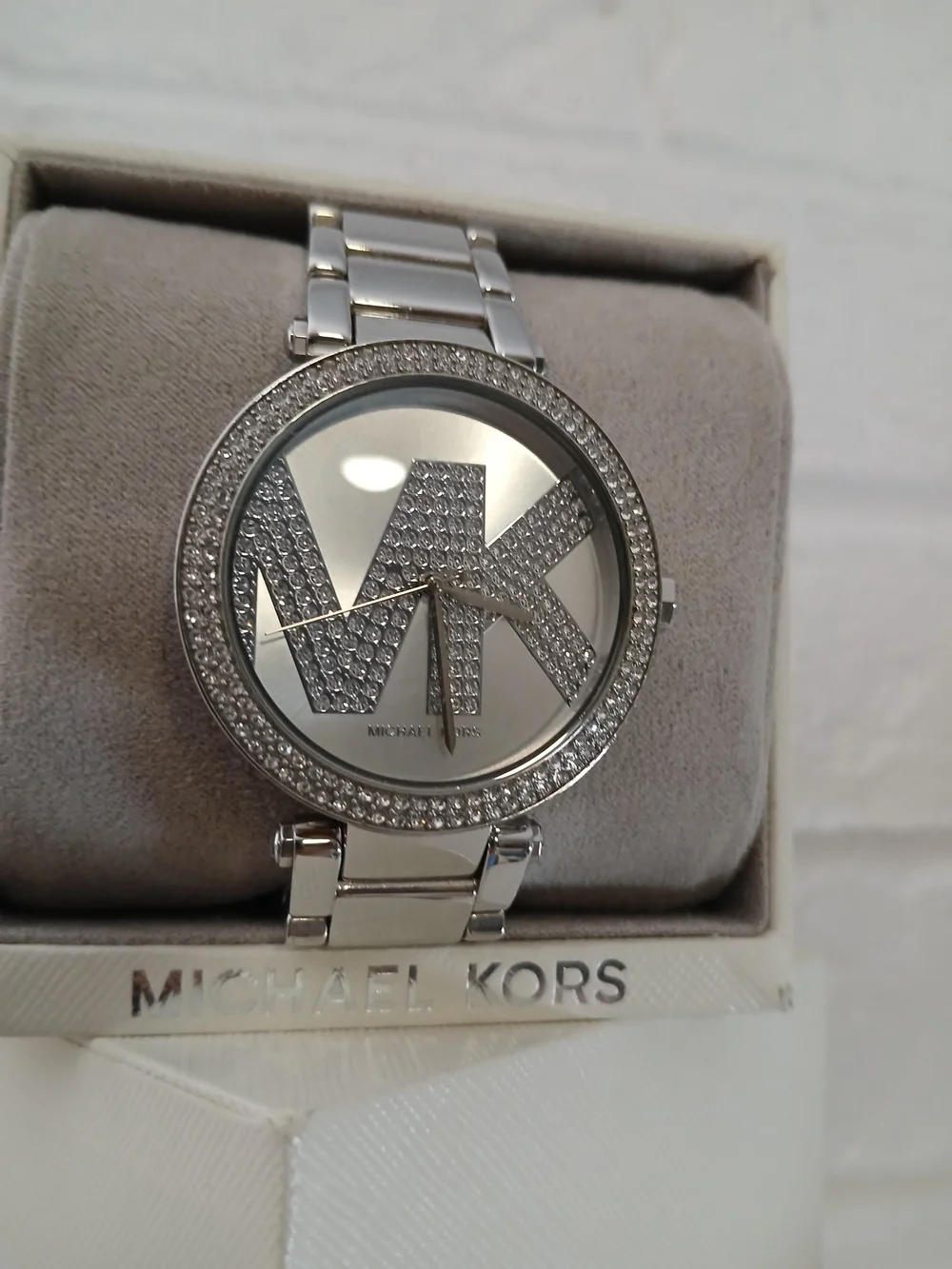 Michael‎ Kors MK6658 Parker Silver Logo Crystal-Trim Watch 33mm With BOX